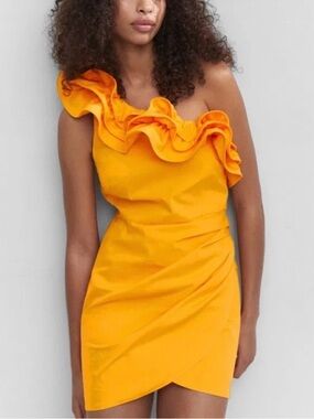 Mango Ruffle Mini Dress Bright Yellow Orange